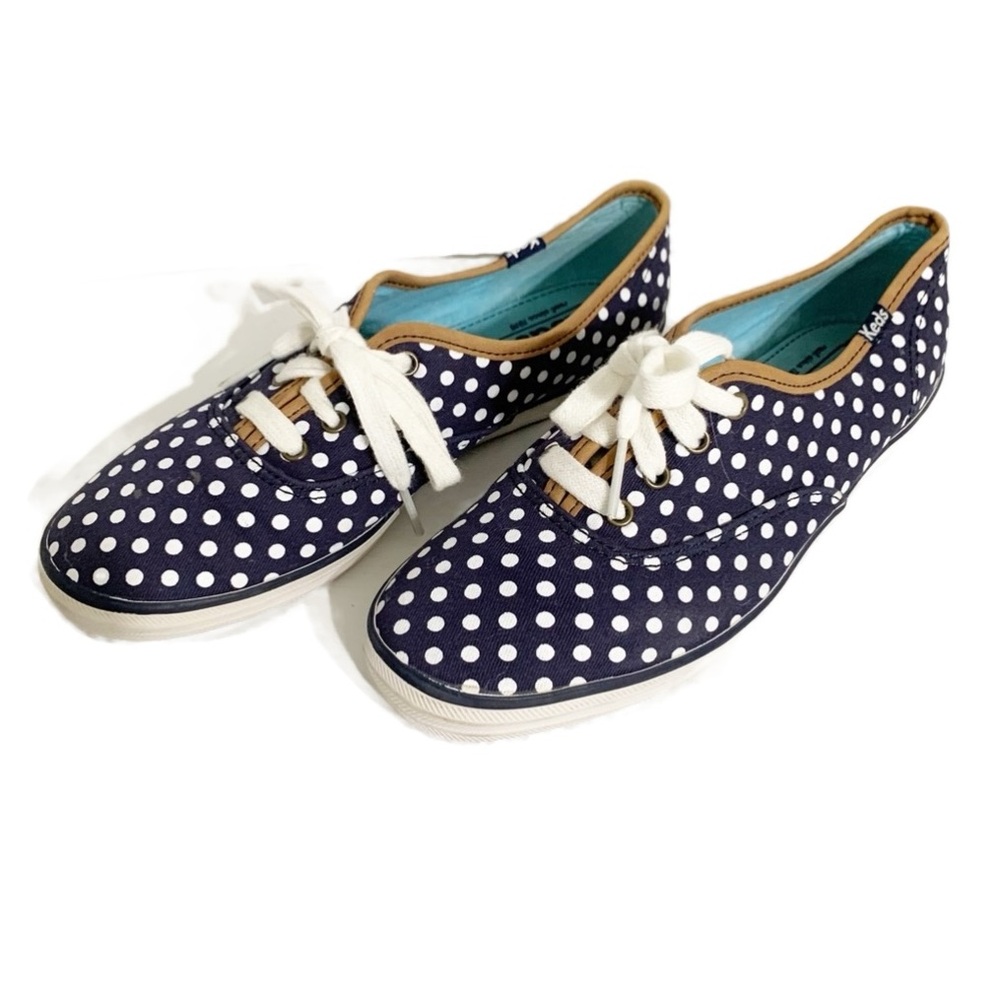 Keds Classic Champion Navy Blue and White Polka Dot Canvas Sneakers Tan Trims